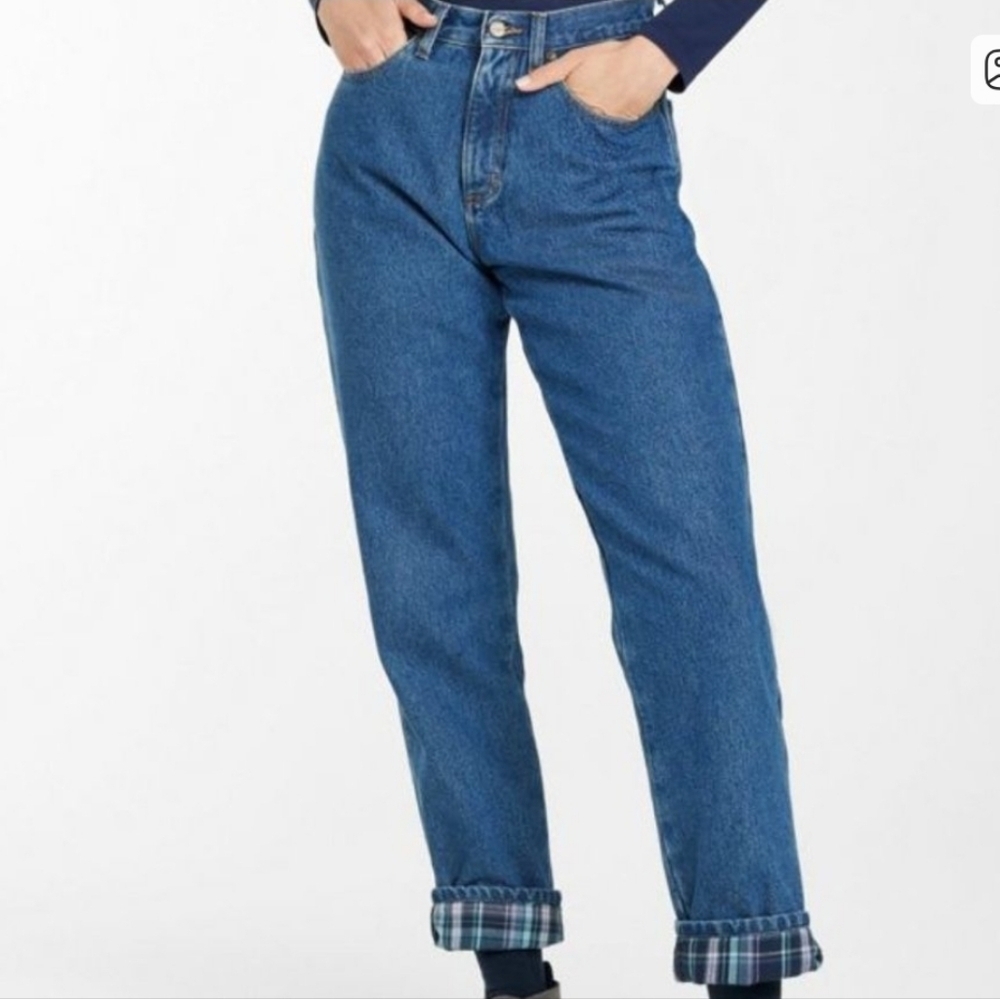L.L. Bean High Rise Blue Jeans Cotton Plaid Cuffs Original Fit Relaxed Sz 14